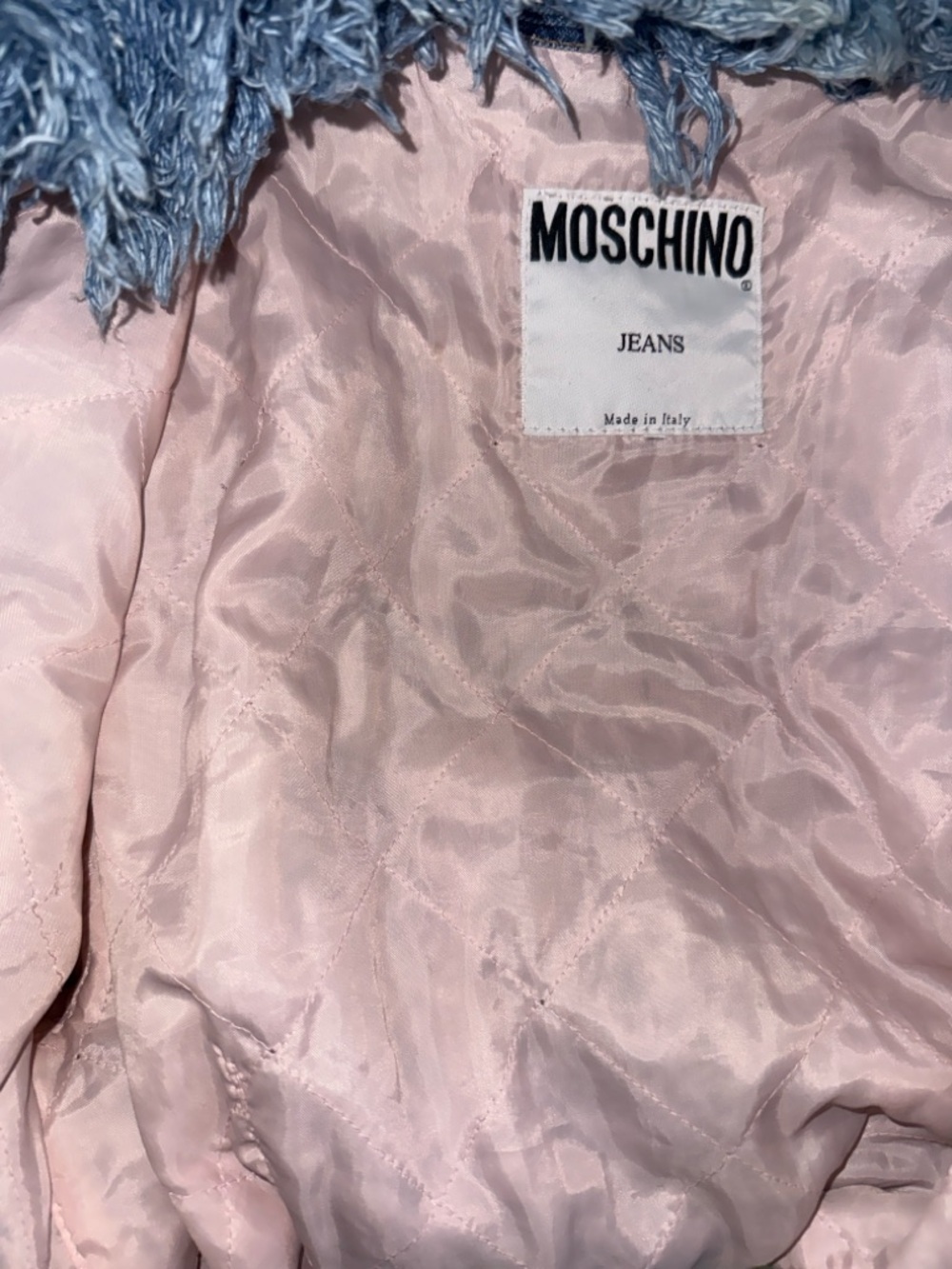 Vintage 1990sMoschino Light Blue Denim Cropped Jacket with Frayed Collar & Cuffs - Picture 4 of 4